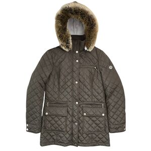 Calvin Klein Quilted Puffer Jacket Womens Small Olive Green Hooded Full Zip Snap